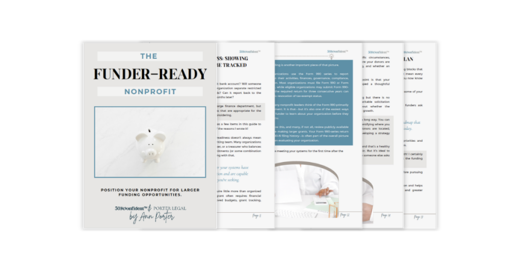 The Funder-Ready Nonprofit guide cover mockup — free nonprofit educational guide from Porter Legal and 501(c)onfident